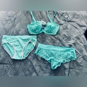 Victoria’s Secret 3 Piece Tiffany Blue Bra and Matching Panties Set
